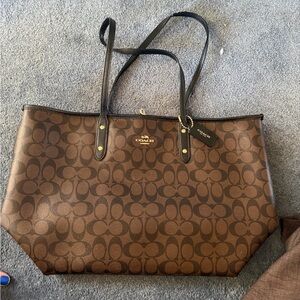 Coach Brown Signature Monogram Tote with Black Straps